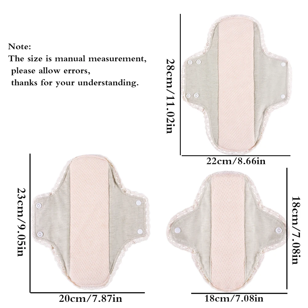 Fotografia 5: 3 pçs lavável absorventes higiênicos macio respirável algodão pano almofadas rendas guarnição reutilizáveis mulheres absorventes menstruais fluxo pesado