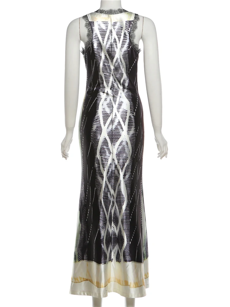 Weird Puss Lace Patchwork Dress Women Sexy Satin Colorful Print V Neck Banquet Party Gown Clubwear Sleeveless Trend Long Bodycon