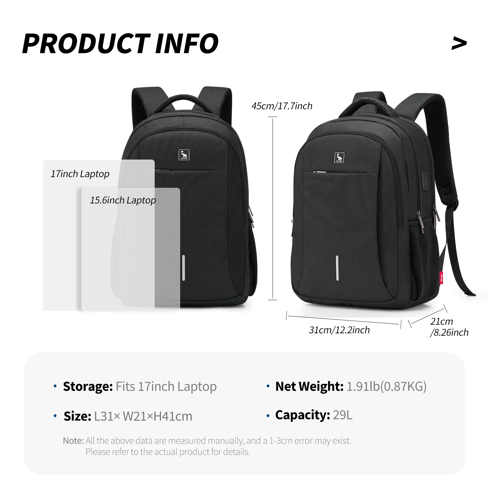 OIWAS Large Capacity Waterproof Computer Backpack with USB Charging Port - Durable Travel Bag for Laptops up to 17 Inches