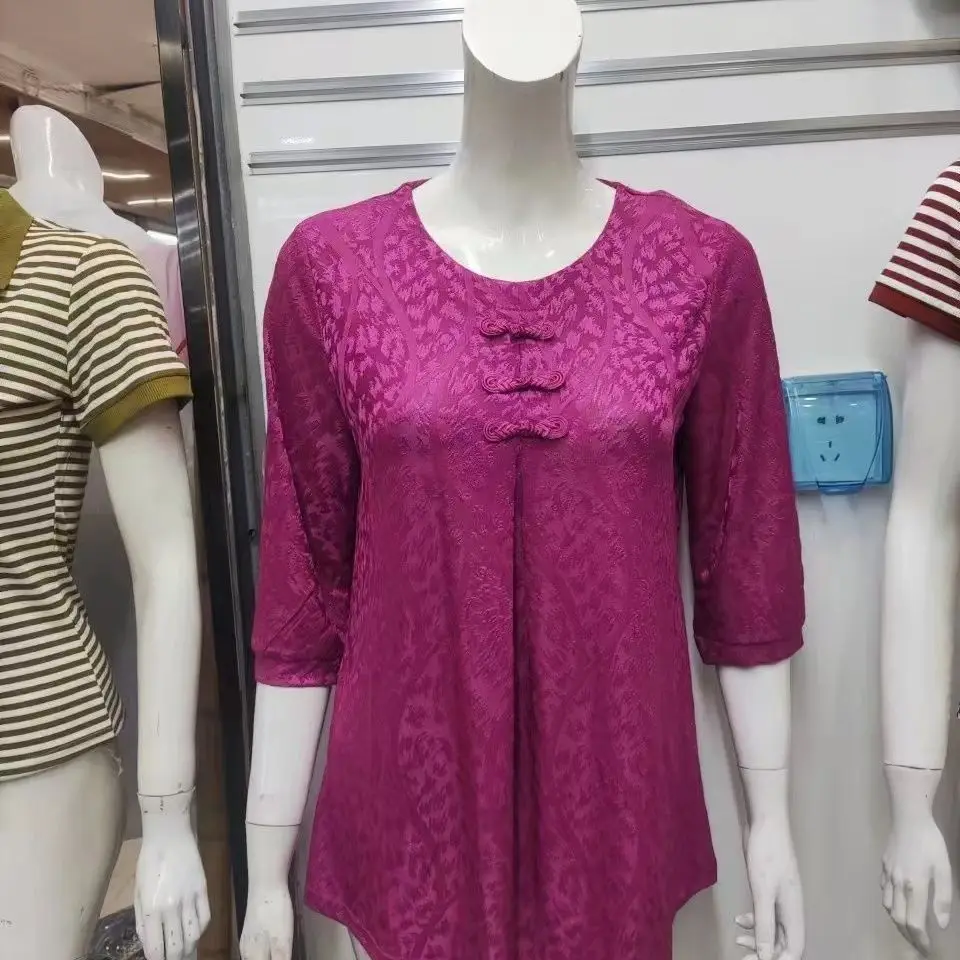 Korean Women Vintage Oversized T-Shirt Summer New 3/4 Sleeve Fashion Elegant Jacquard Pullover Loose Big Size Casual Tops 2023