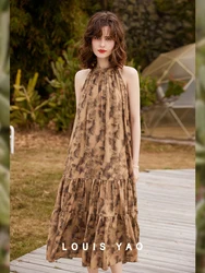 LOUIS YAO Women Dress 2024 Summer Retro Style Elegant Grace Sleeveless Loose Fit A-LINE Long Brown Dress