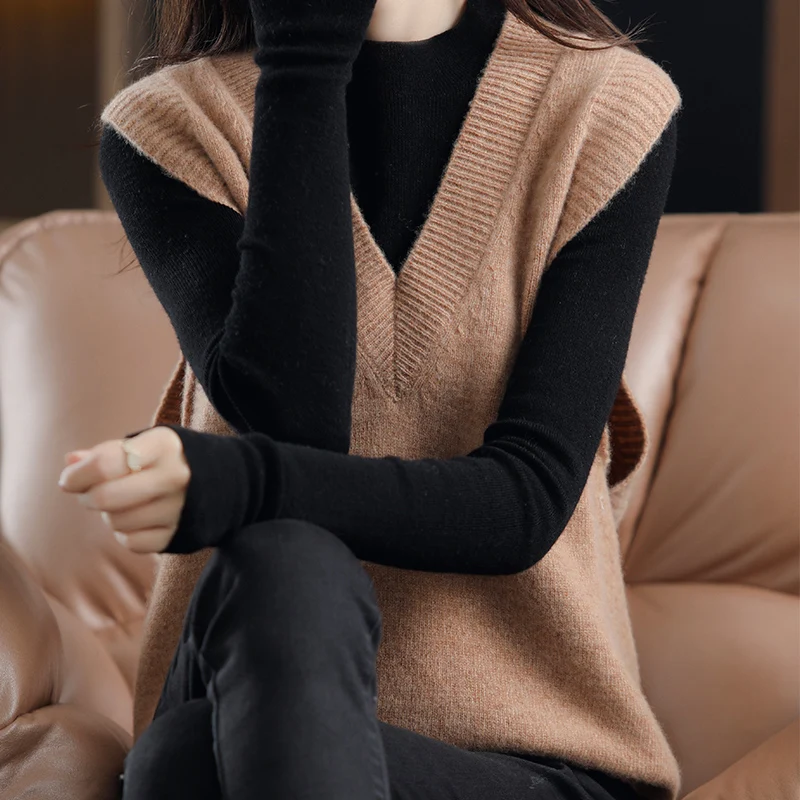 Colete de Lã 100% Pura para Mulheres, Suéter Tricotado com Decote em V, Moda Versátil, Almofada de Ombro para Uso Diário