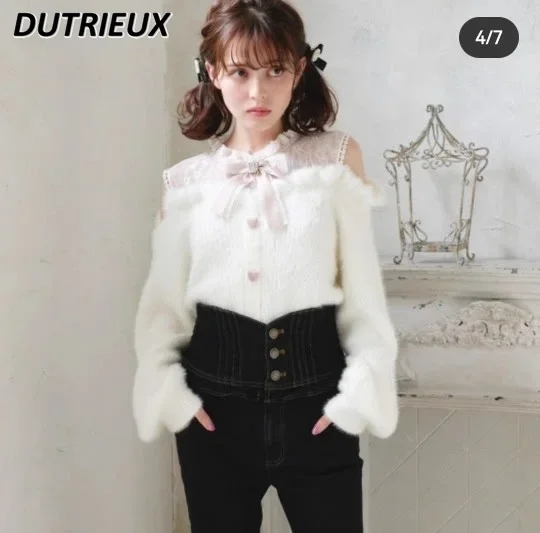 

Japanese Lolita Sweater Mine Autumn and Winter Sweet Bow Furry Off-Shoulder Lace Slim Long Sleeve Sweaters Pullover Top Women