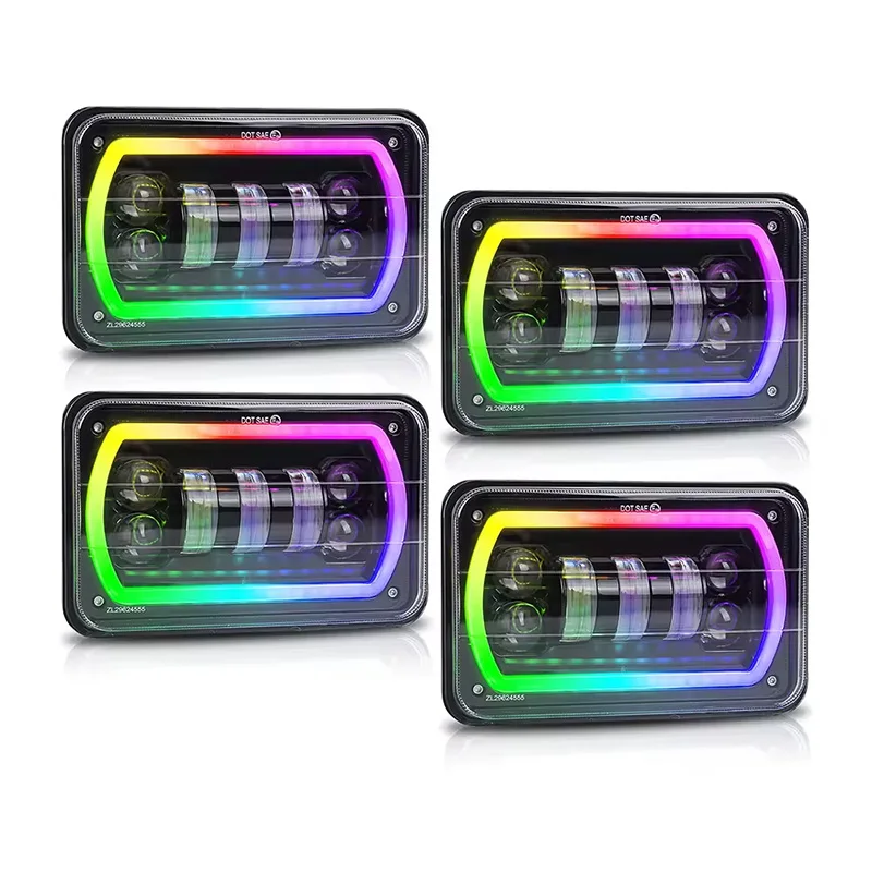 New4x6inch Square LED Headlight Hi/Lo Beam RGB Halo DRL for Isuzu NQR NPR NPR-HD 4x6 LED Headlights Rectangular Headlamps Replac