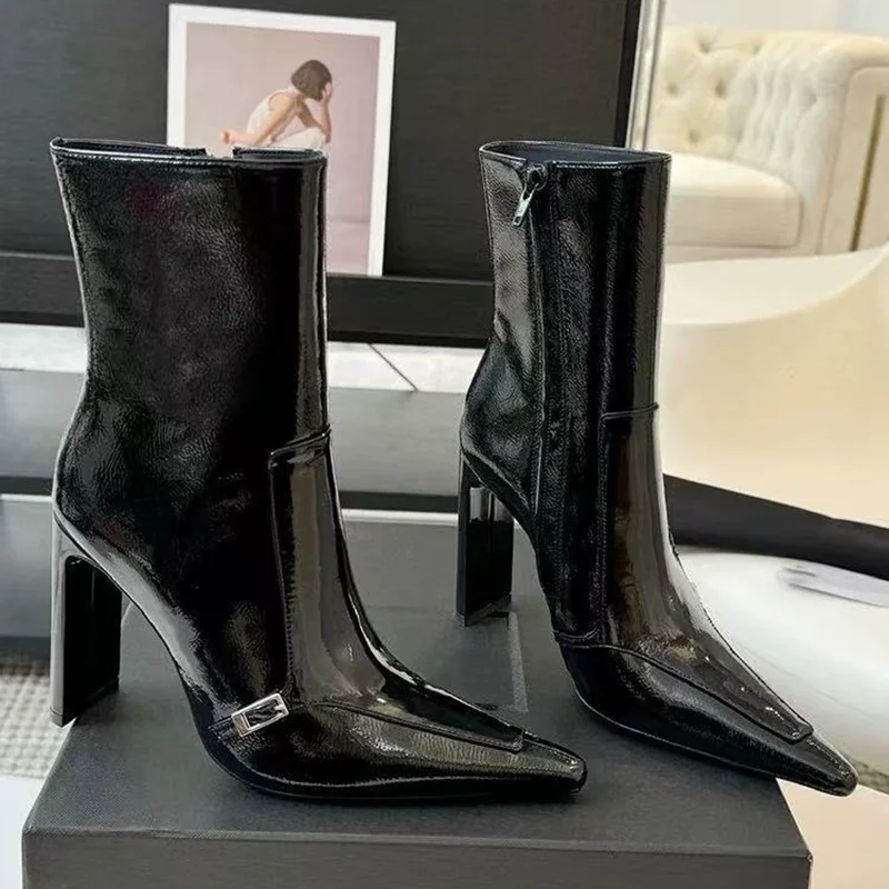 

Shiny Patent Leather Metal Square Butter Ankle Boots Sexy Pointed Toe Thin Heel Zipper New Arrival Autumm/Winter Modern Boots
