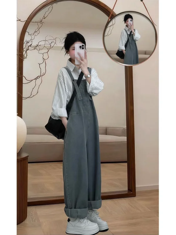 

Комплект повседневной одежды больших размеров: полосатая длинная рубашка и широкие брюки-комбинезон, комплект из двух предметов для мужчин и женщин, осенняя мода