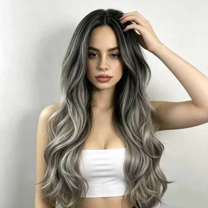 New large wavy wig for women, long curly hair, black and gray gradient color, synthetic long hair for women