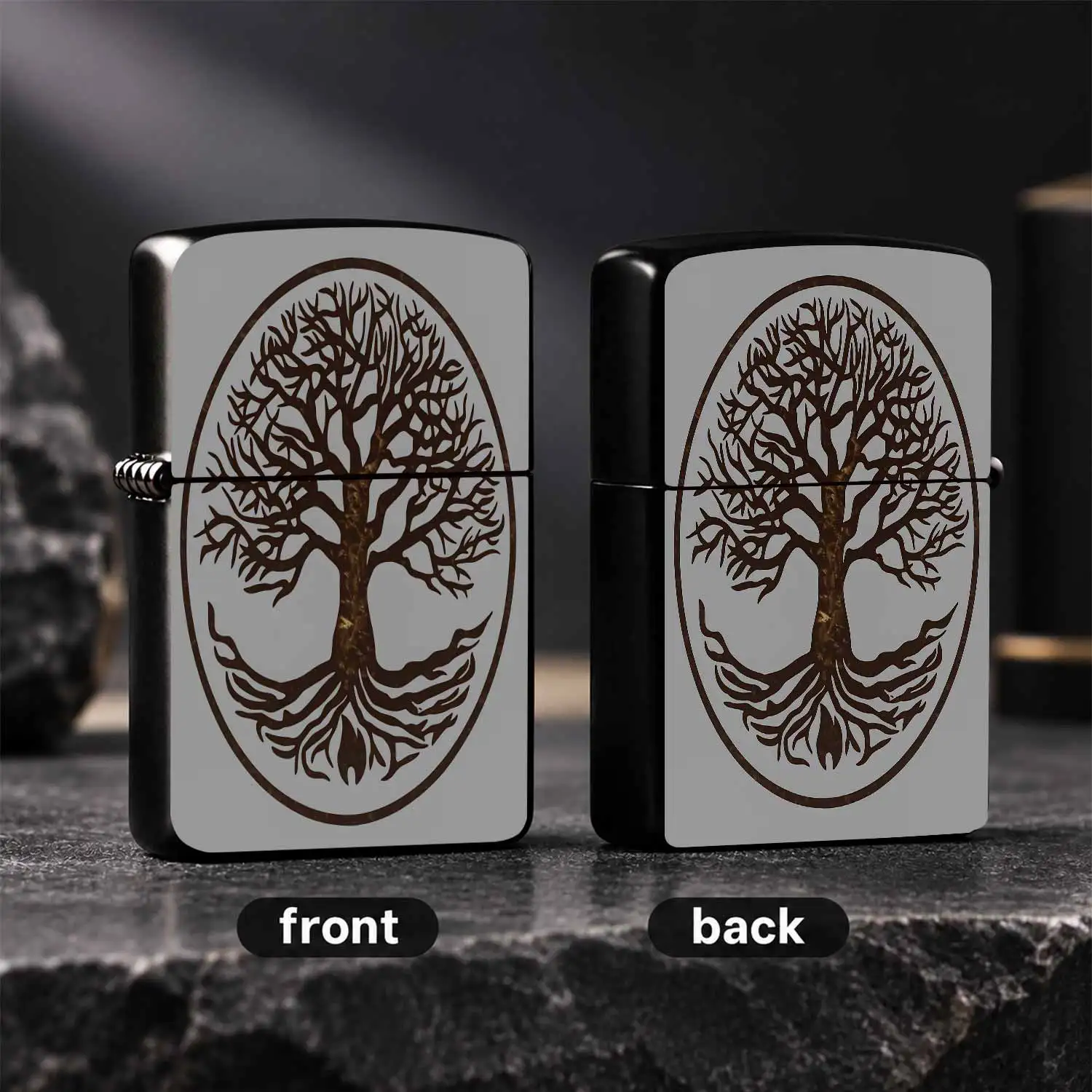 Vintage Etched Tree Of Life Lighter, Norse World Tree Pattern Oval Border Portable Igniter, Exquisite Decorative Gift For Daily Outdoor, Dating, Camping, Gifting Scenarios, Durable Craftsmanship Practical Keepsake Acce A Humorous And Intere