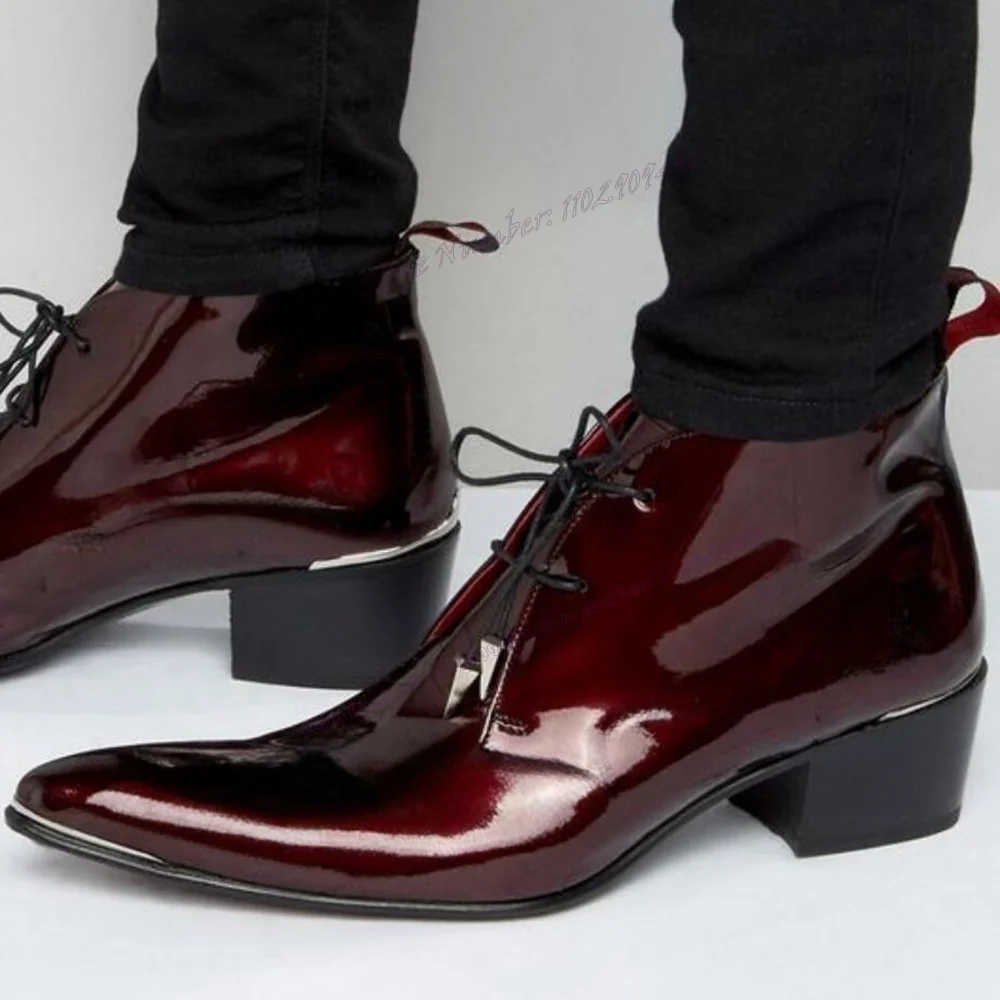 Red Patent Leather Chunky Heels Shoes for Men Pointed Toe Chunky Heels British Style Shoes Business Party Runway Dress Shoes