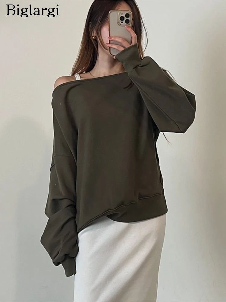 

Autumn Diagonal Collar Pullover T-Shirts Tops Women Long Sleeve Casual Fashion Ladies Blouses Korea Style Woman Sweatshirts Tops