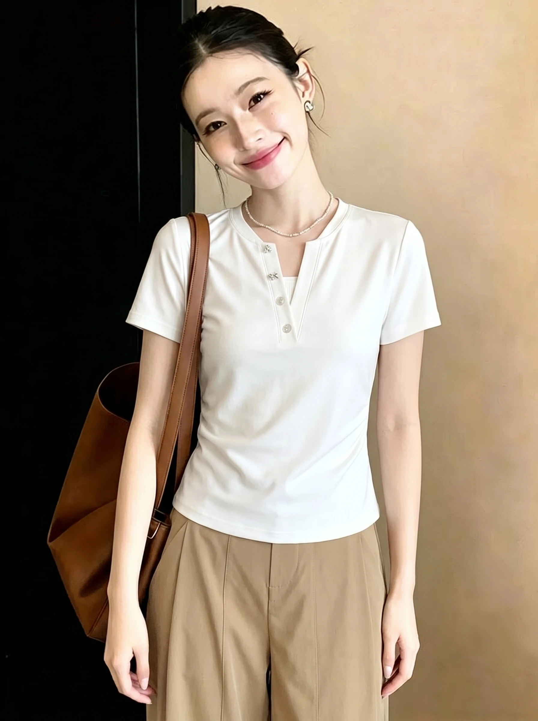 

Sweet Style Pure Desire V-Neck Short Sleeve T-Shirt Women's Slim Fit Versatile Summer Design Shoulder-Length Casual Top