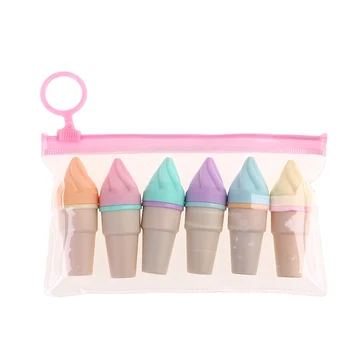 Kawaii Candy Color Highlighter, Marcador Pastel, Sorvete, Material escolar e de Escritório, Presente de papelaria, Bonito, 6pcs por pacote