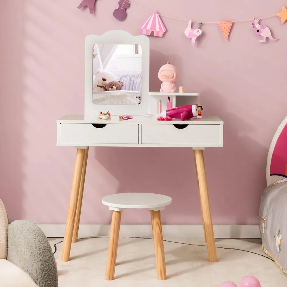 White Vanity Desk with Mirror Light and Charging Station, Makeup Vanity with 4 Drawers Lots Storage