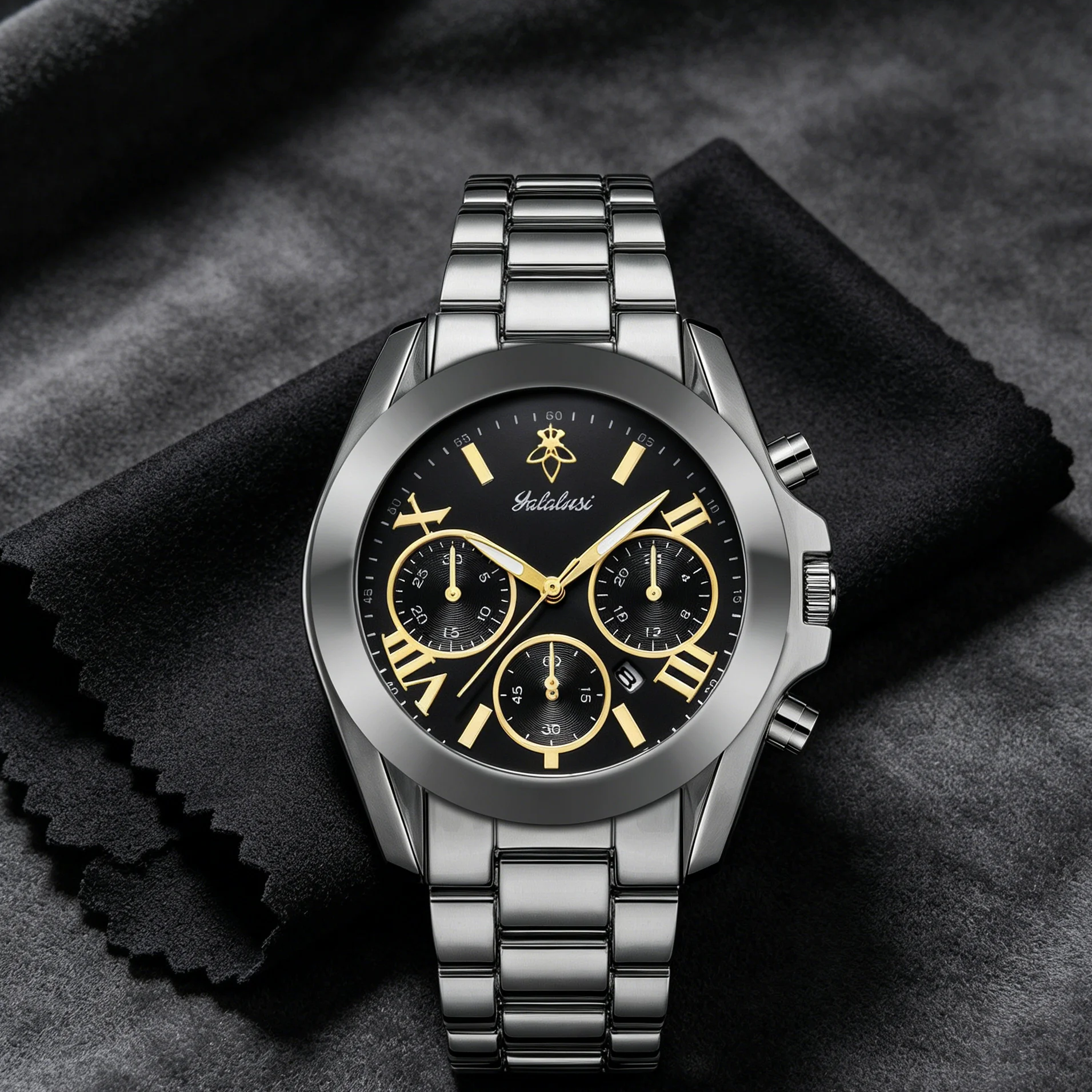 YaLaLuSi  Classic Two-Tone  Chronograph Watch Gold Accent Roman Scale Black Dial Solid  Link Band Waterproof Quartz Wristwatch for Daily Business Commute