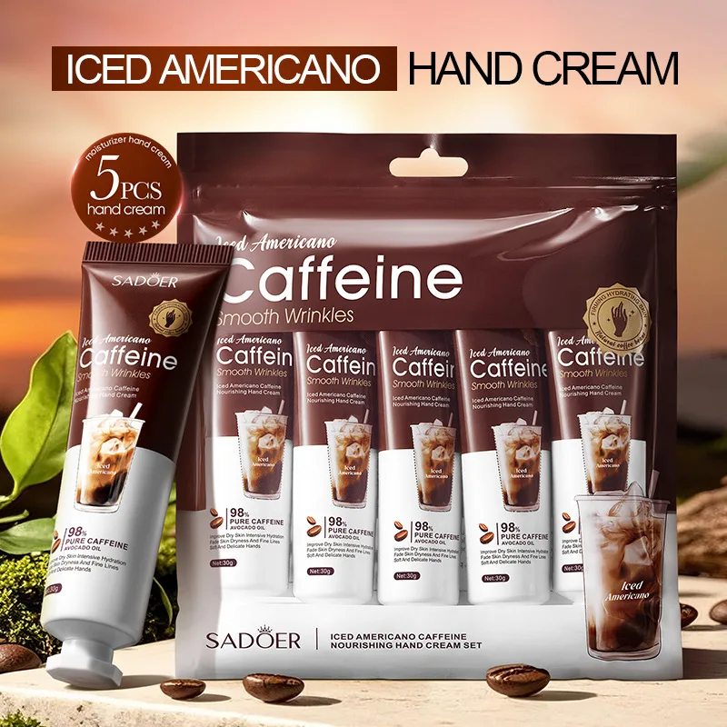 5-Piece Iced Americano Hand Cream Set, Caffeine-Infused Moisturizing Hand Care with Shea Butter, Nourishing Cream for Dry Hands, Helps Keep Skin Soft and Smooth for Daily Use and Winter Care
