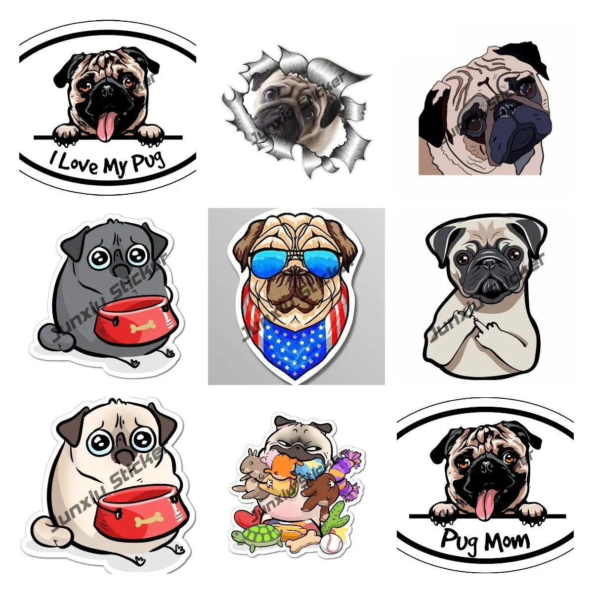 I Love My Pug Car Styling Stickers Pug Dog Motorcycle Decals Refrigerator Magnet Crazy Cartoon Dog Breed Creative Decorative