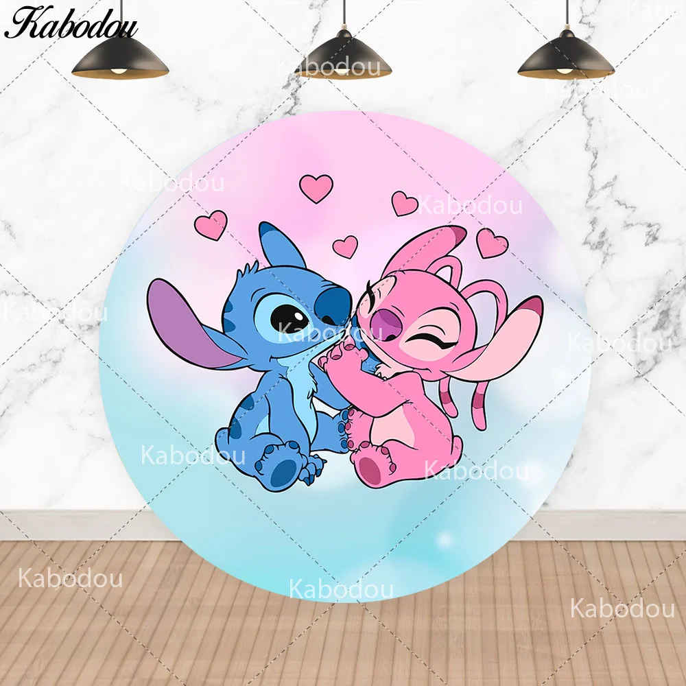 Disney Stitch & Angle Circle Backdrop Cover For Kids Happy Birthday Party Decoration Round Photography Background Photo Props