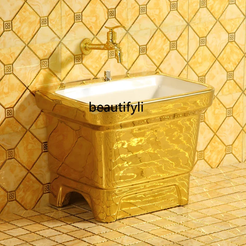 European-Style Gold Mop Pool Dehydration Basket Ceramic Automatic Drainer   Pool Mop Sink Balcony  Basin Mop Basin