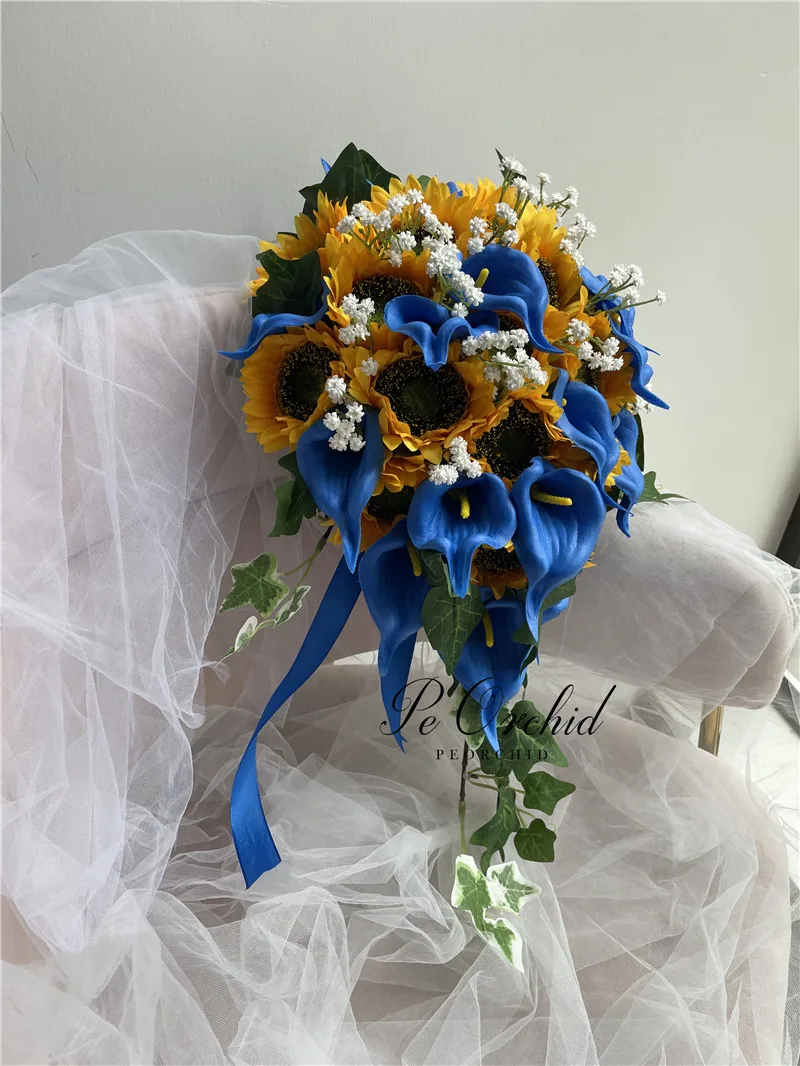 PEORCHID Sunflowers Cascade Bridal Bouquet Royal Blue Ramos Para Novia Bridesmaid Flower Bouquet Wedding Decoration For Ceremony