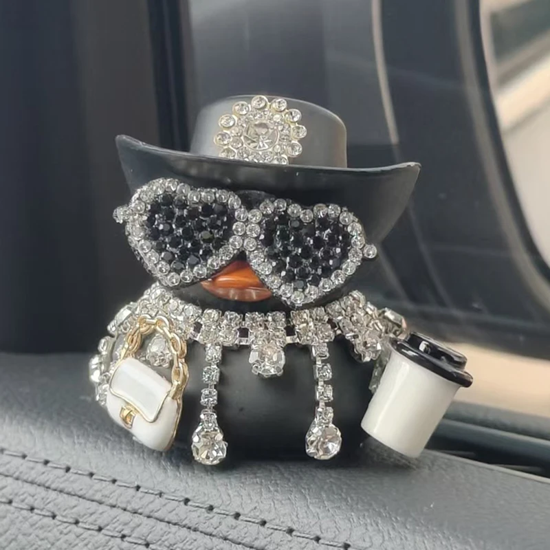 Bling Diamond Rubber Duck Car Ornaments Sparkly Black Duck Car Dashboard Decorations for Cool Car Accessories Women Lady