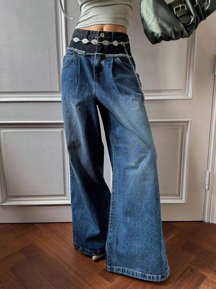 2024 Cyber Y2K Streetwear Patchwork Washed Blue Baggy Jeans Pants For Women 90S Vintage Clothes Wide Leg Pleated Lady Trousers