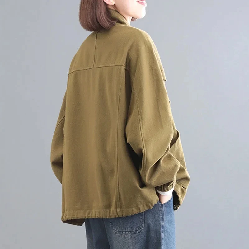 Manteau en pur coton pour femmes, veste de printemps et d'automne, nouveau coréen, solide, décontracté, fermeture éclair, manteau de base, veste courte, vêtements d'extérieur pour femmes