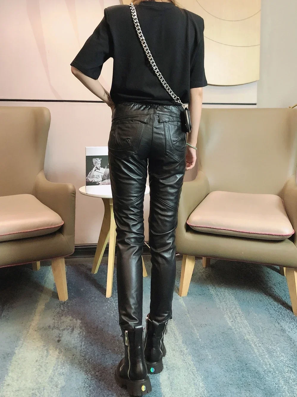 Female Real Sheepskin Leather Pants Korean Slim Women\'s Trousers Pencil Pants Women High Waist Pants Donna Pantaloni Zjt928