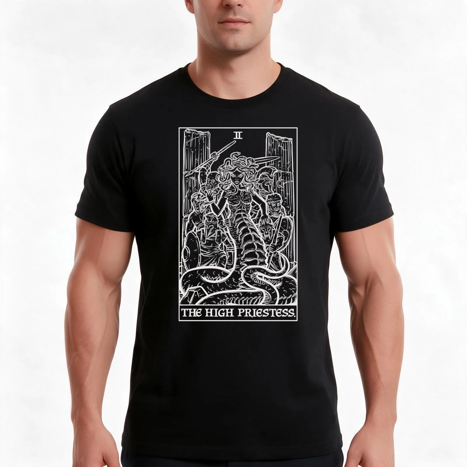 The High Priestess Tarot Card Terror Tarot Shadow Edition - Medusa (Black & White) T-Shirt Summer Casual Cotton Tee