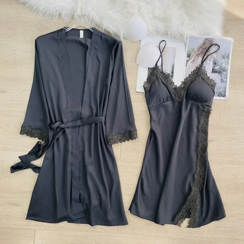 Sexy Robe Set With Strap Nightgown Lace Trim Nightdress Women Lingerie Spring Summer Silky Satin Kimono Bathrobe Loose Home Wear