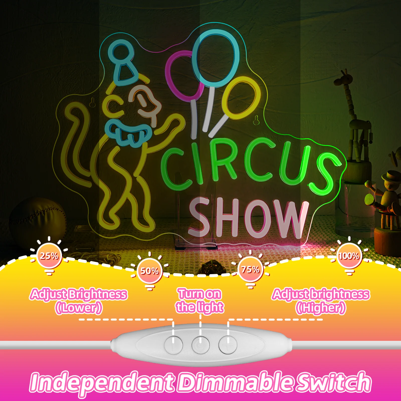 Colorful Circus Show Neon Sign Circus USB Powered Light Up Sign Wall Decor for Theme Kids Room Carnival Party Playroom