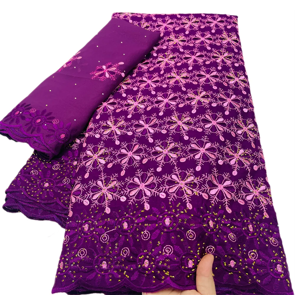 2025 Newest Blue 5+2 Yards Design Swiss Voile Lace Fabric Nigerian Cotton Dry Lace With Stones For Sewing Women Evening Party 65