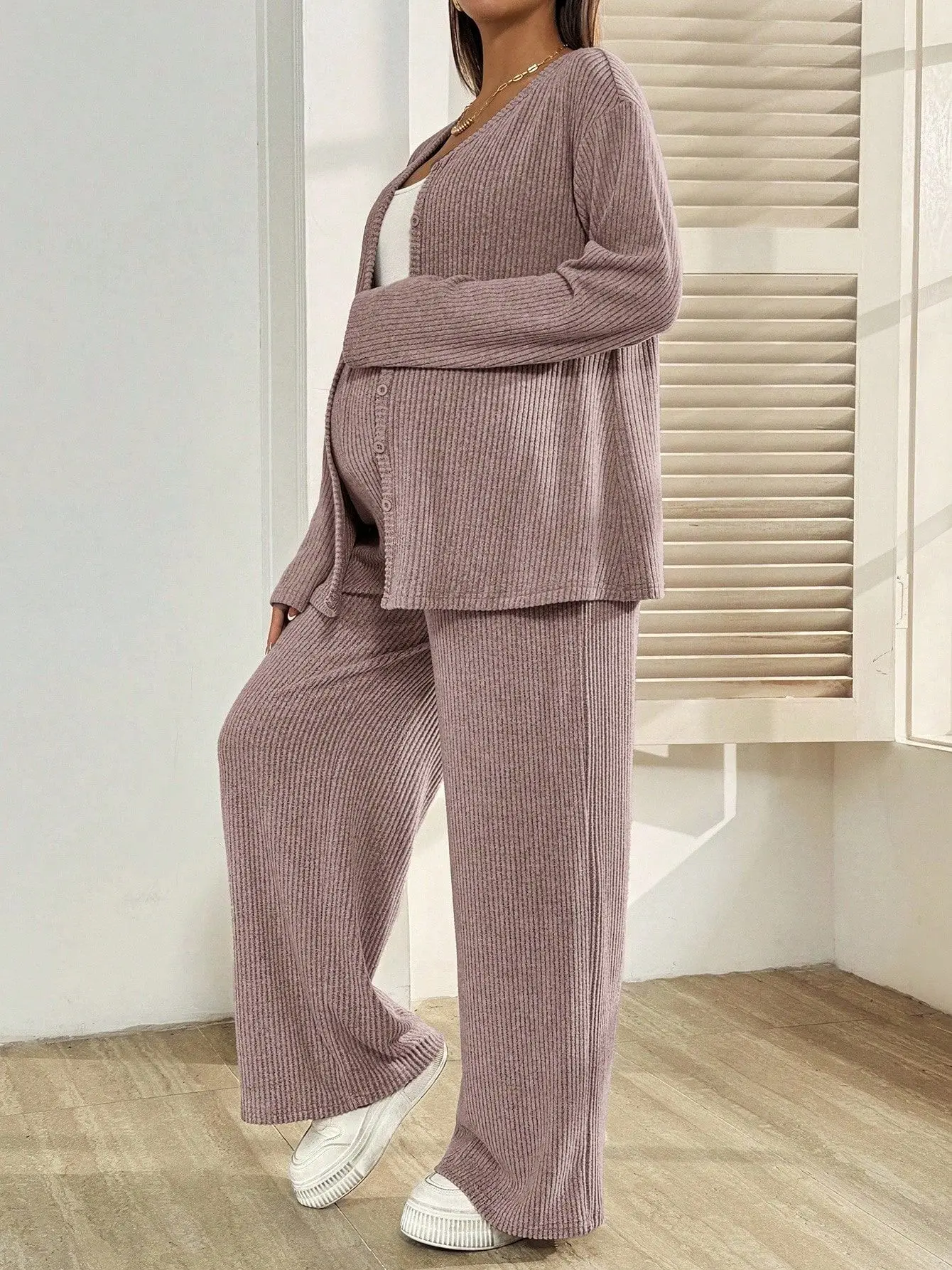 Pregnant Women Two-piece Outfit Set Maternity Knitted Cardigan Top Blouse Adjustable Waist Loose Pants Autumn Pregnancy Clothing - view 6