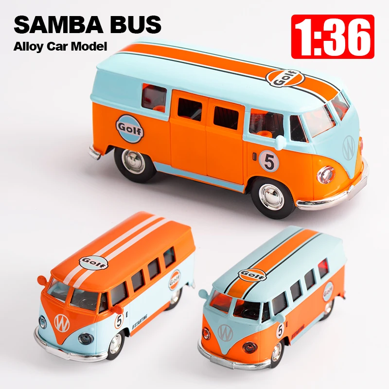 1:36 Alloy Car Model Bus Transporter Van Gulf Blue Alloy Diecast Model for Volkswagen T1 Samba Toy 