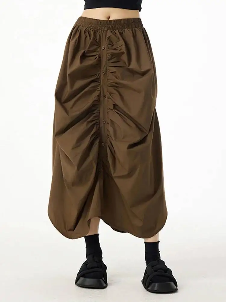 

High Elastic Waist Black Pleated Irregular A-line Half-body Skirt Women Fashion Tide New Spring Autumn