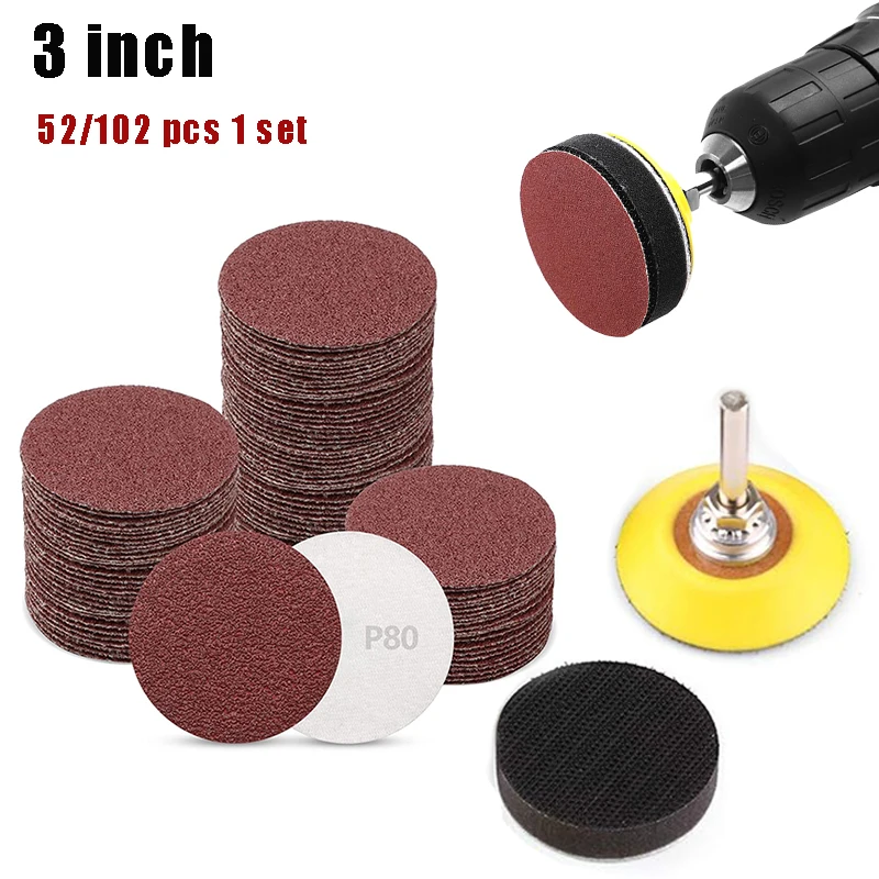 52/102pcs 3 Inch 75 MM Sanding Discs Pads Set 60-2000 Grit Abrasive Polishing Pad Kit For Rotary Tool Sandpapers Accessories