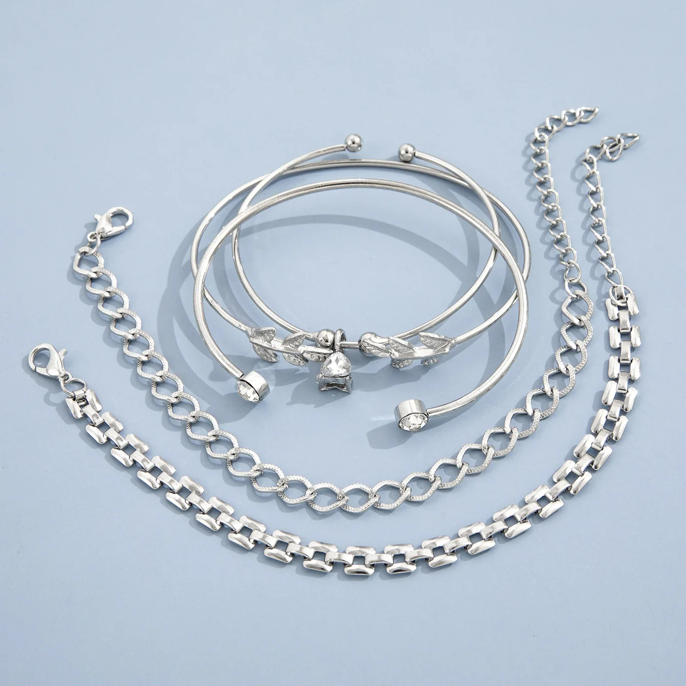 Bohemian Silver Color Geometric Link Chain Bracelet Set For Women Crystal Leaf Open Cuff Bangle Female Boho Jewelry Accessory image 5