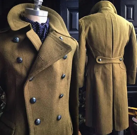 Classic British Inspired Men Coat Wool Blend Shawl Lapel Double Breasted Back Tab Belt Formal Long Jacket Custom Casual Overcoat