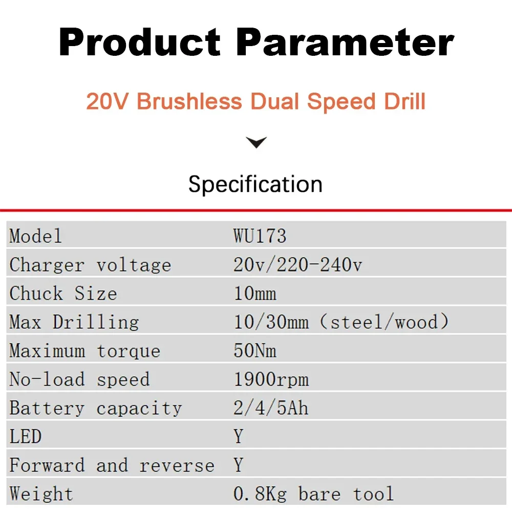 Worx Cordless Dual Speed Drill Rechargeable Brushless WU173 BareTool 20v 50Nm 1900rpm 18+1 Torque Adjustable Share Kress Battery