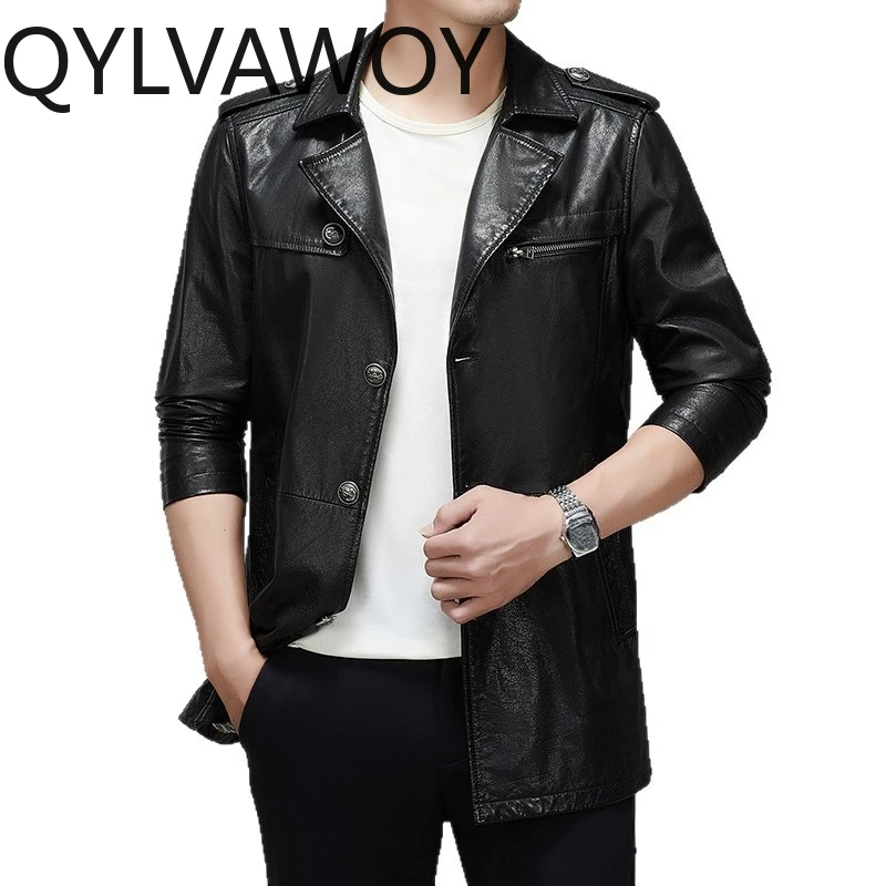 

QYLVAWOY Real Cowhide Man Leather Jacket Mid-length Motorcycle Jacket Coat Thin Jackets for Man Spring Autumn Jaqueta De Couro