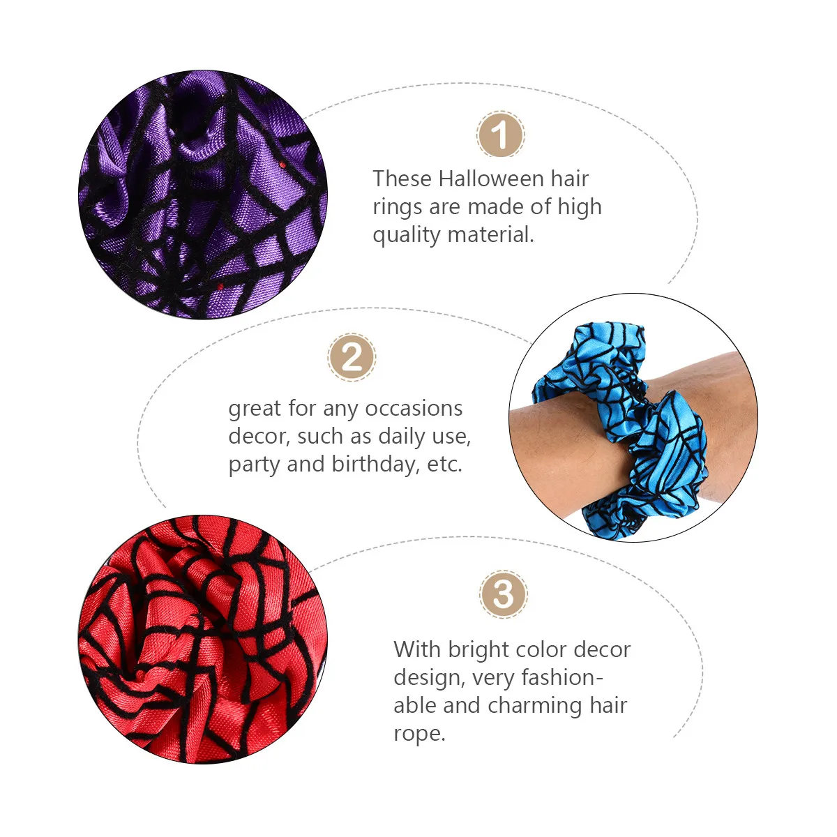 

4Pcs Striped Hair Ties Halloween Spiderweb Design Elastic Cloth Hair Ropes for Women Girls Party Accessories Decor