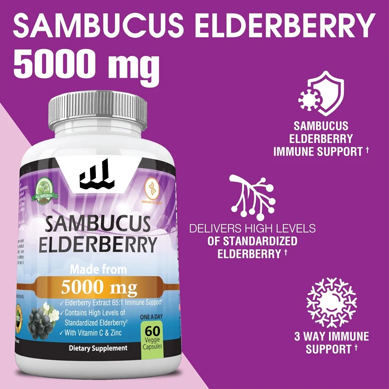 

Sambucus elderberry 5000 мг ультра концентрированный 65:1 с витамином C и экстрактом цинк-самбукуса для иммунной поддержки и защиты