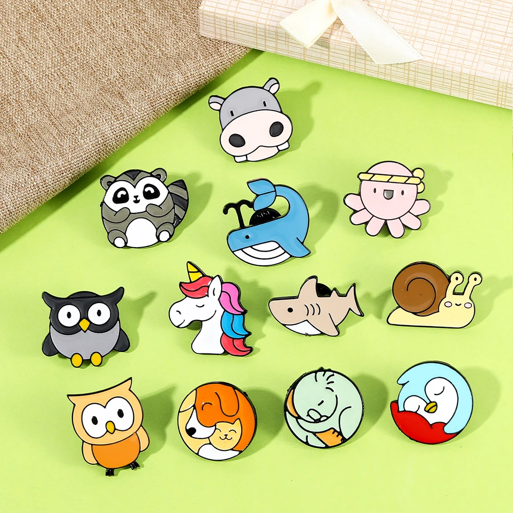 12Pcs Funny Design Chubby Animal Series Pins Set Kawaii Owl Snail Cow Karadog Raccoon Whale Octopus Bird Shark Shaped Brooches