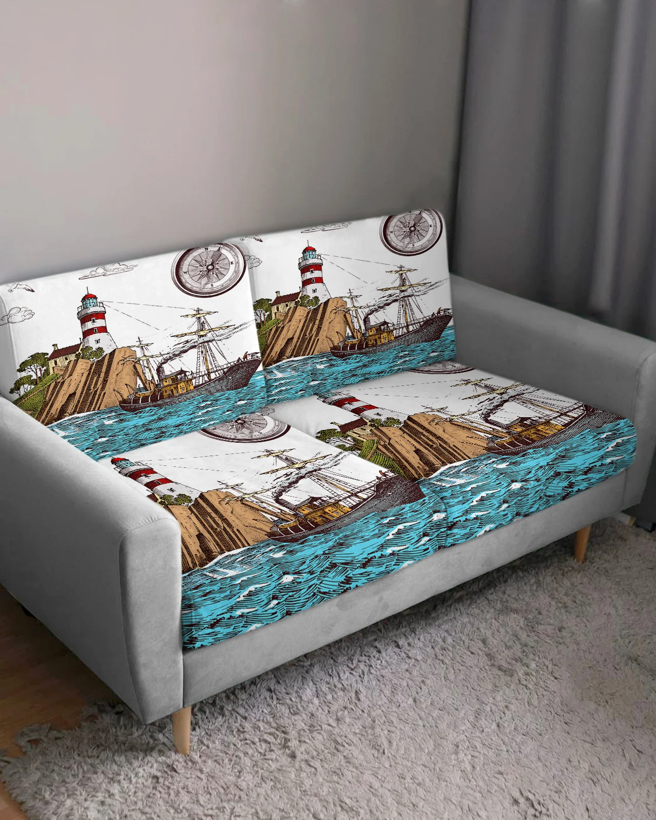 Retro Illustration Lighthouse Sailing Ship Sofa Seat Cushion Cover Funiture Protector Couch Covers for Sofas Removable Slipcover