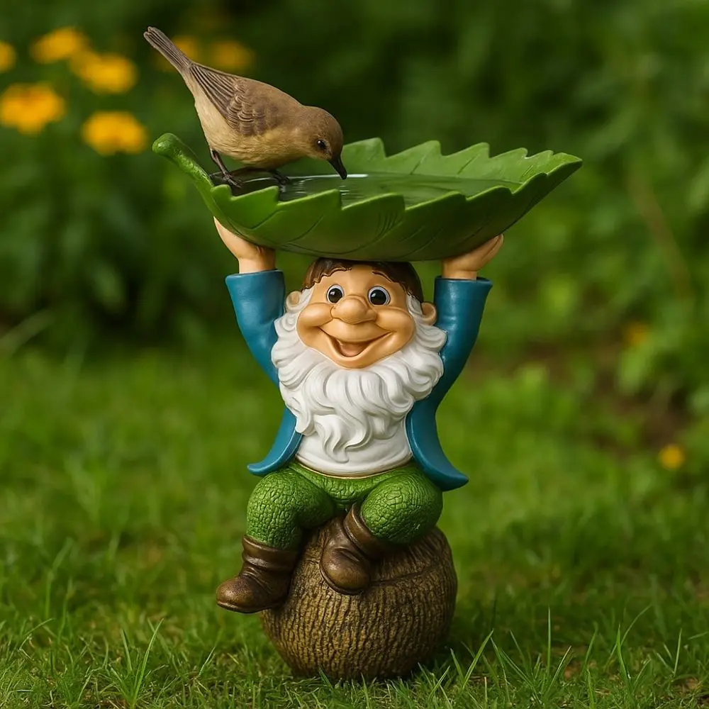 

Уникальная мультяшная скульптура гнома, держащая листьям, забавная кормушка для птиц, смола, садовая статуя гнома, открытый двор