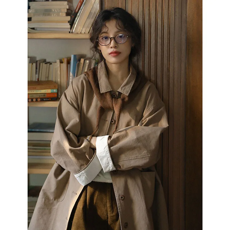 

New Retro Japanese Literary Cotton-Linen Mid-Length Trench Coat Women's Single-Breasted Casual Long Sleeve