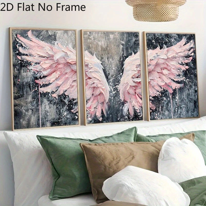 （NoFrame 3PCS)-2D Flat, 2D Flat, 3pcs 2D Flat Angel Wings Wall Art Set, Pink And Gray Oil Painting Style Canvas Prints, Medie