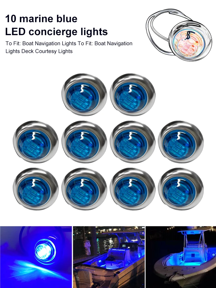 10Pcs 12V Marine Boat Transom LED Stern Light Round White LED Tail Lamp Waterproof IP67 Yacht Side Marker Courtesy Lights Blue