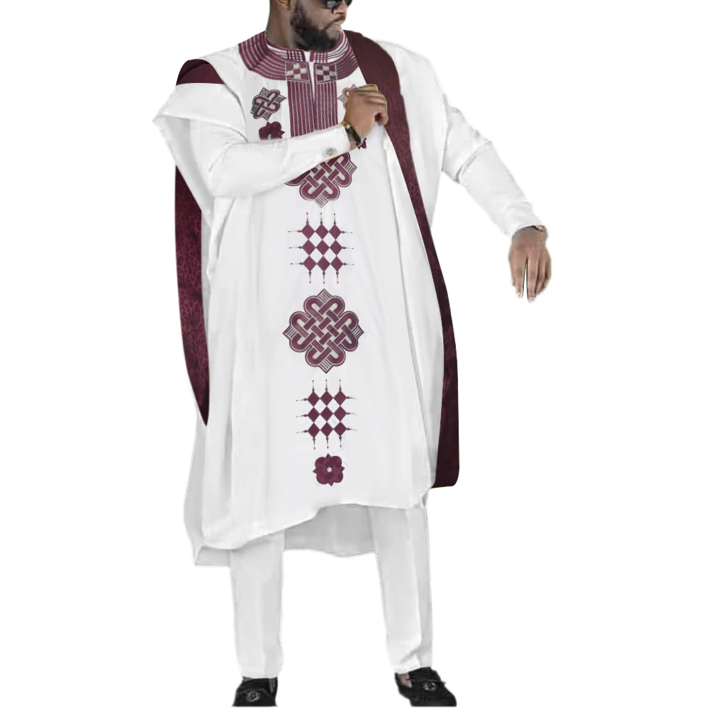 H&D Embroidered Dashiki Agbada Men African Traditional Clothes Ankara Outfit Cover Shirt Pants 3 PCS Suit Muslim Sets