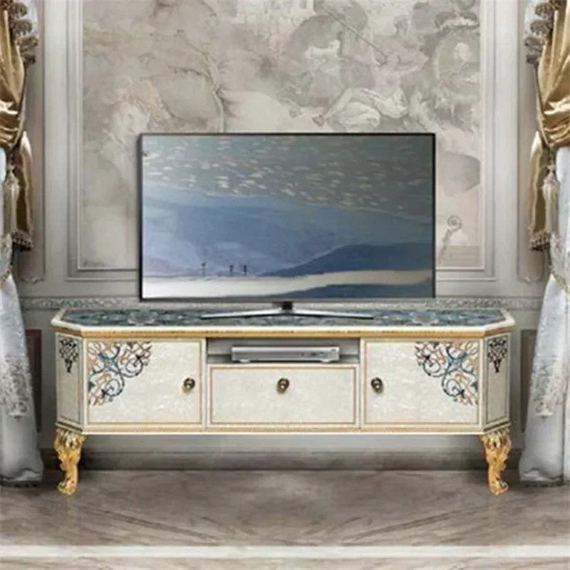 

Italian French solid wood carved cabinet villa palace complete shell gold foil parquet European lacquer TV cabinet