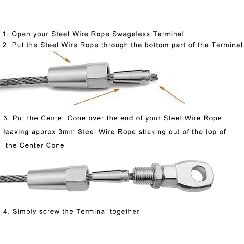 

ABHX-2Pcs Marine Grade 316 Stainless Steel Swageless Eye Terminal Wire Cable Rope Diy Fitting Rigging Hardware Balustrade Kit